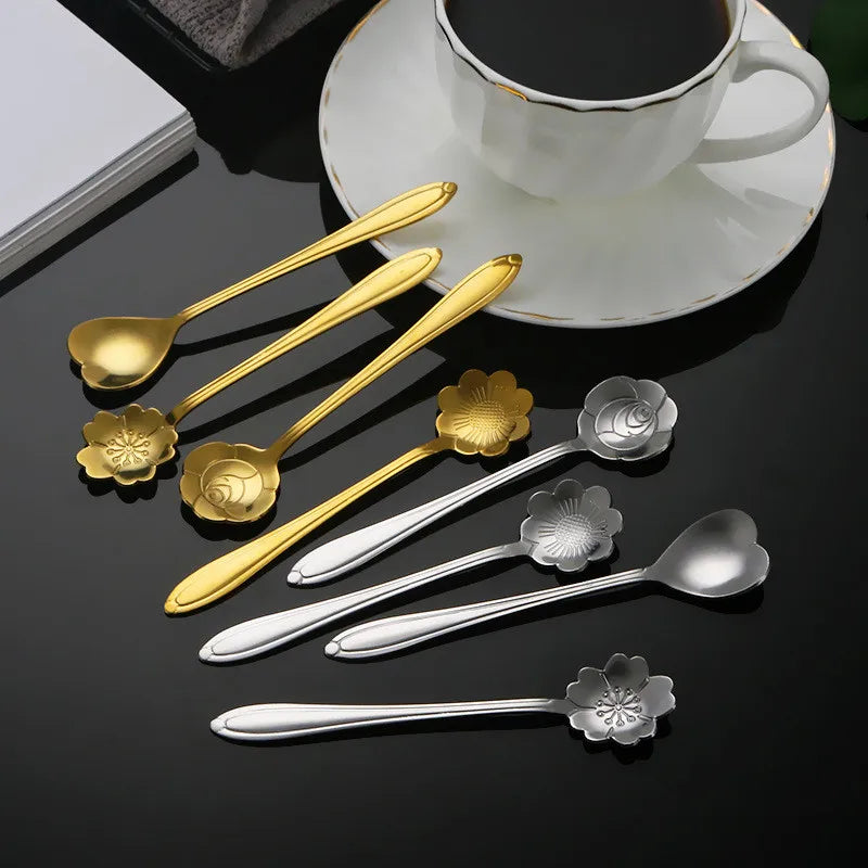 8pcs Stainless Steel Cherry Rose Flower Gold Scoop Coffee Spoon