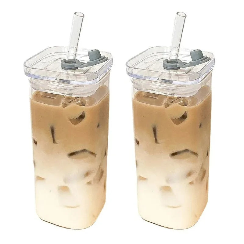 Heat Resistant Coffee Glass Cup With Lid and Straw