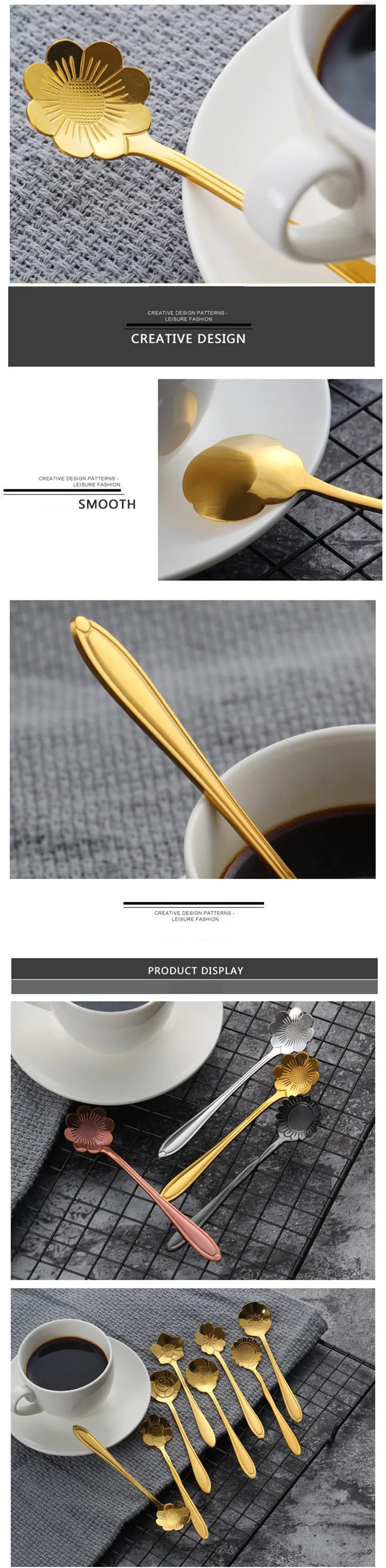 8pcs Stainless Steel Cherry Rose Flower Gold Scoop Coffee Spoon