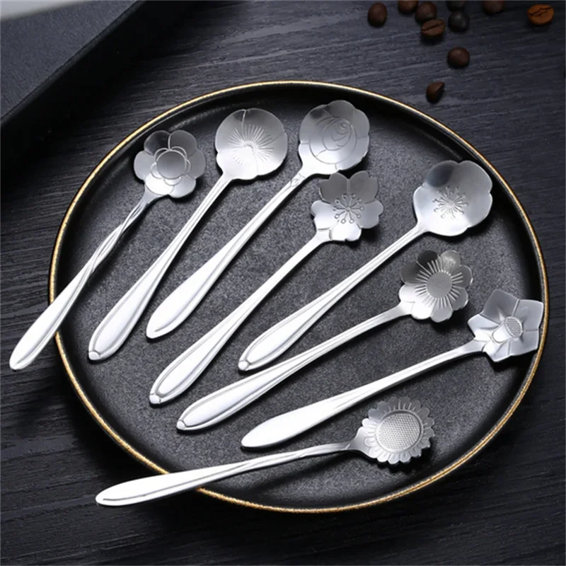 8pcs Stainless Steel Cherry Rose Flower Gold Scoop Coffee Spoon