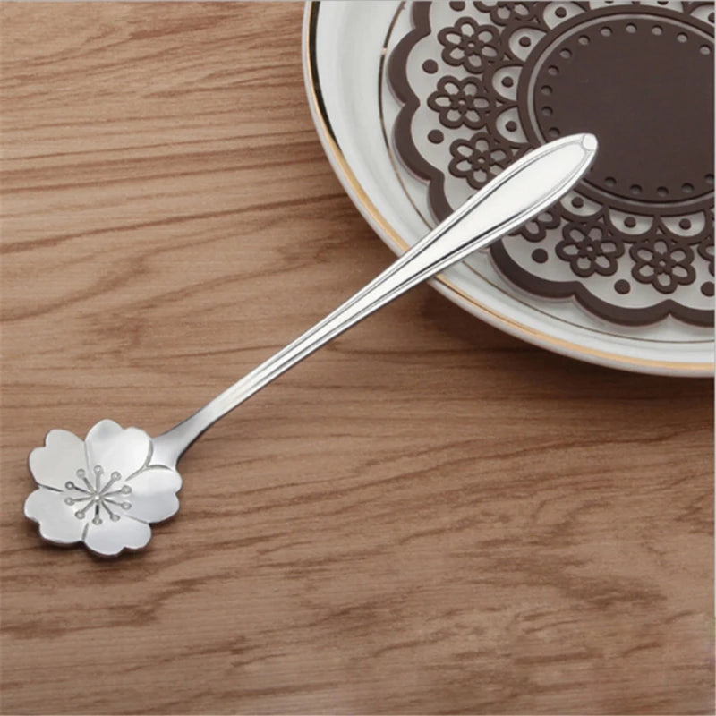 8pcs Stainless Steel Cherry Rose Flower Gold Scoop Coffee Spoon