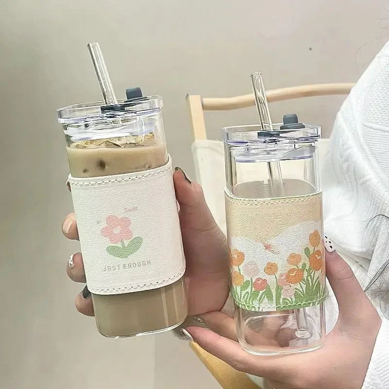 Heat Resistant Coffee Glass Cup With Lid and Straw