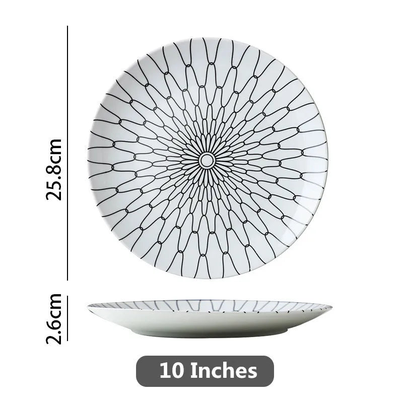 Black & White Stripe Ceramic Dinner Steak Plate