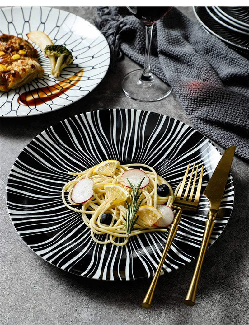Black & White Stripe Ceramic Dinner Steak Plate