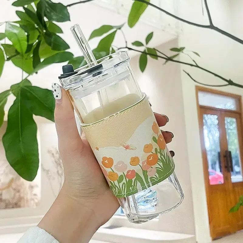 Heat Resistant Coffee Glass Cup With Lid and Straw