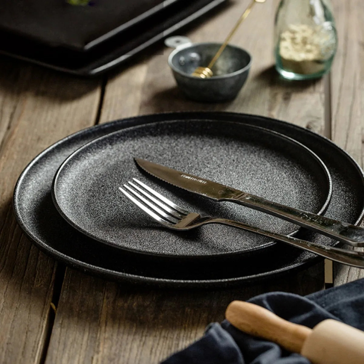 Ceramics Plate Set Home Black Plates Dishes