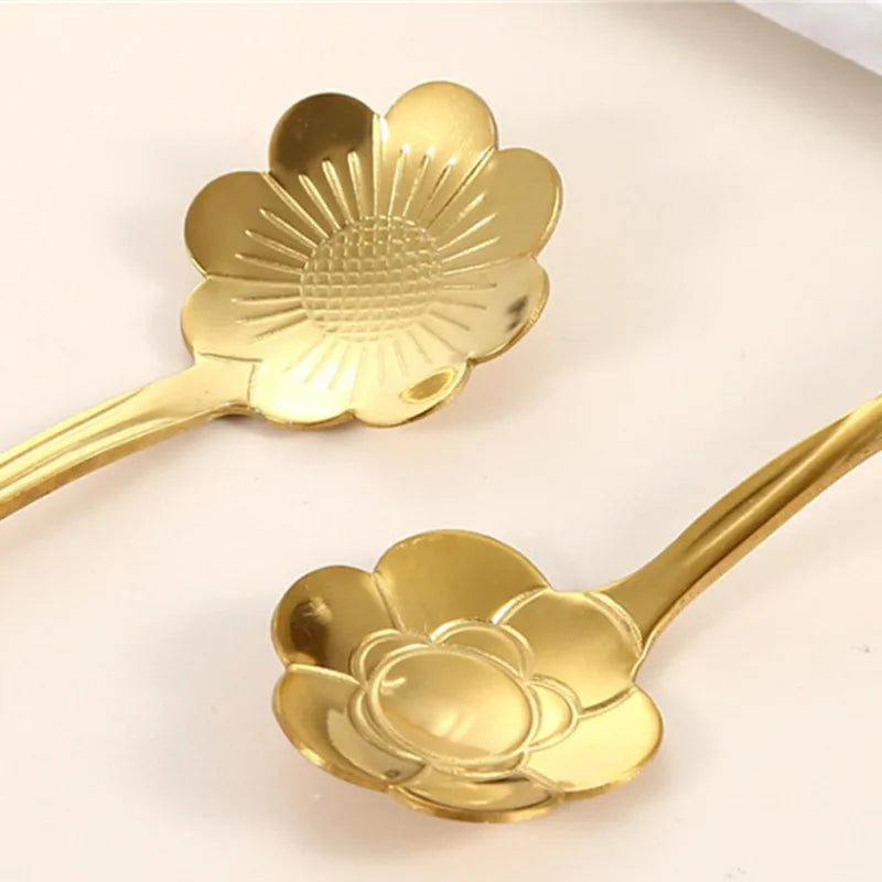 8pcs Stainless Steel Cherry Rose Flower Gold Scoop Coffee Spoon