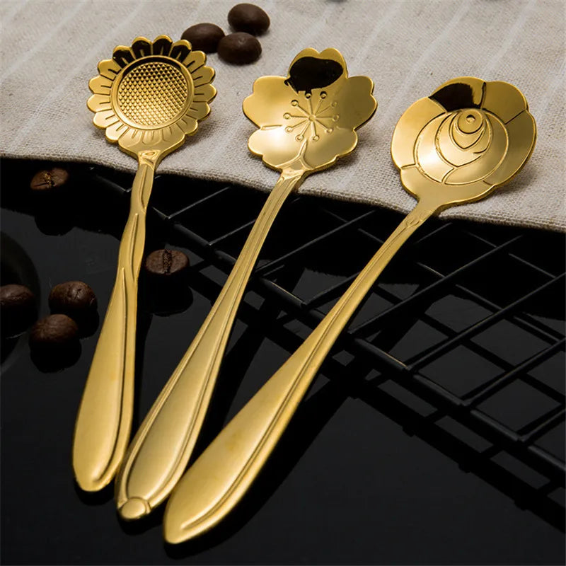 8pcs Stainless Steel Cherry Rose Flower Gold Scoop Coffee Spoon