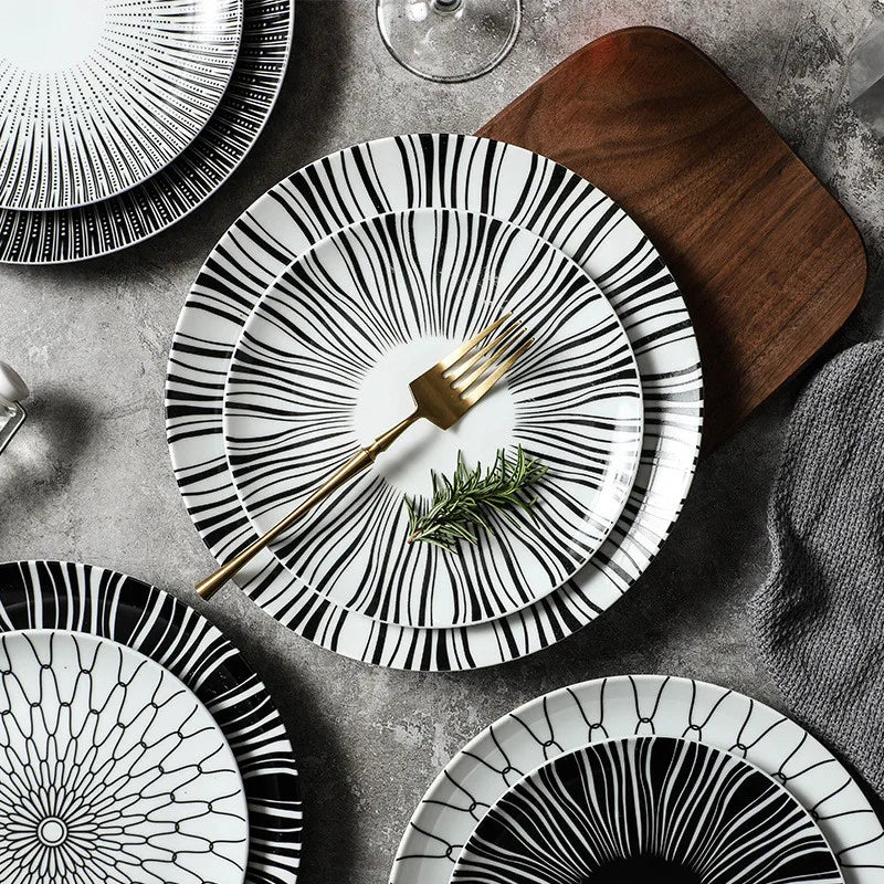 Black & White Stripe Ceramic Dinner Steak Plate