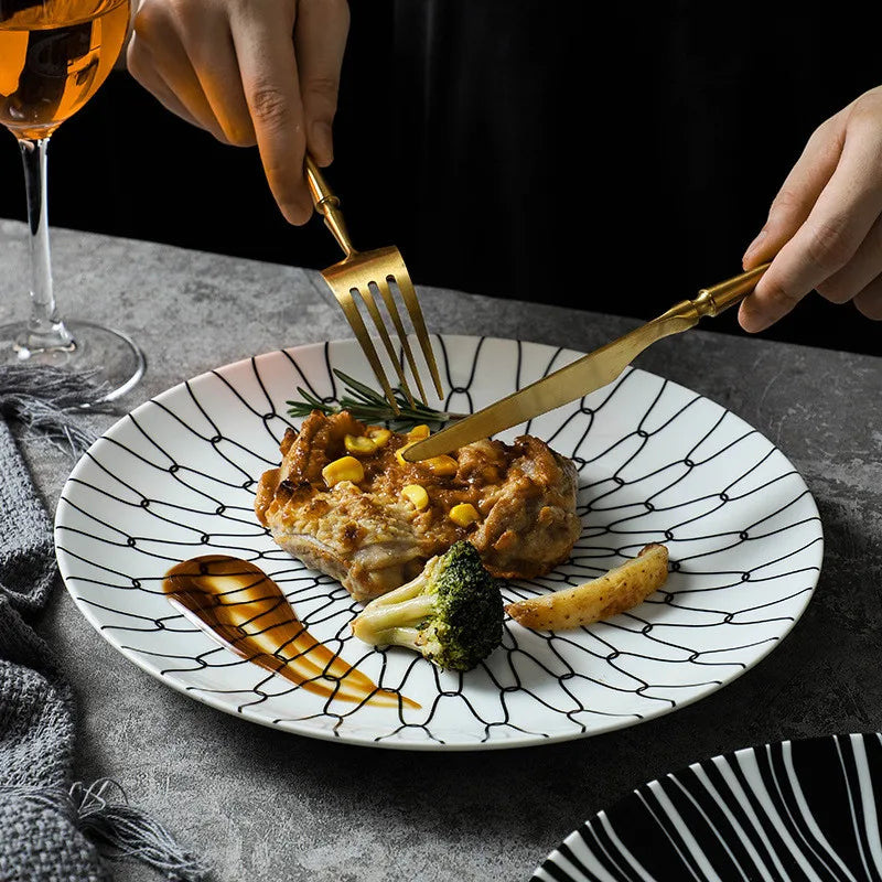 Black & White Stripe Ceramic Dinner Steak Plate