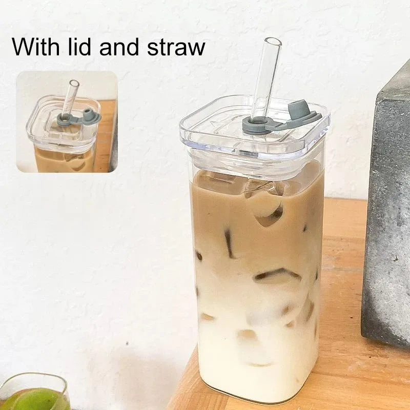 Heat Resistant Coffee Glass Cup With Lid and Straw
