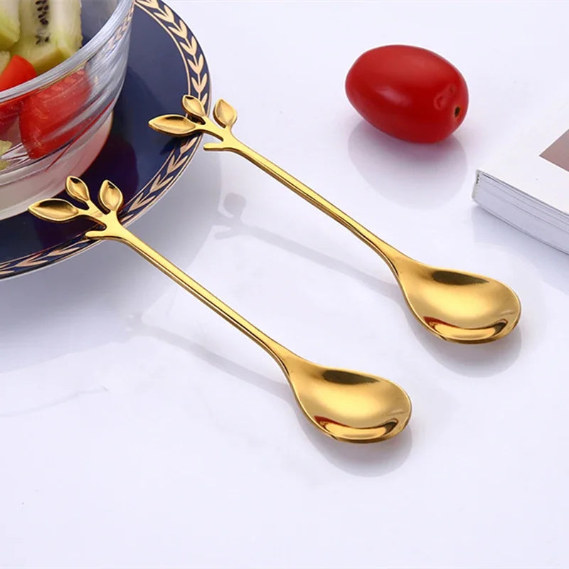 8pcs Stainless Steel Cherry Rose Flower Gold Scoop Coffee Spoon