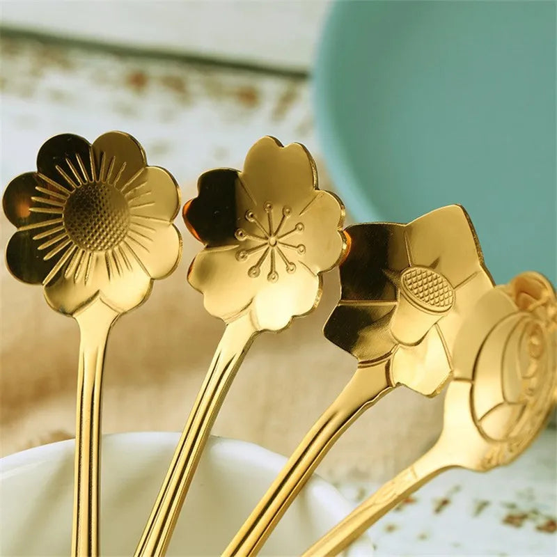 8pcs Stainless Steel Cherry Rose Flower Gold Scoop Coffee Spoon