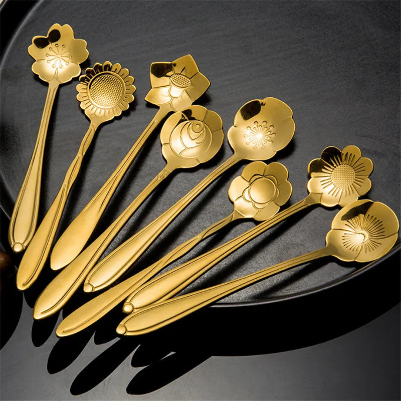 8pcs Stainless Steel Cherry Rose Flower Gold Scoop Coffee Spoon