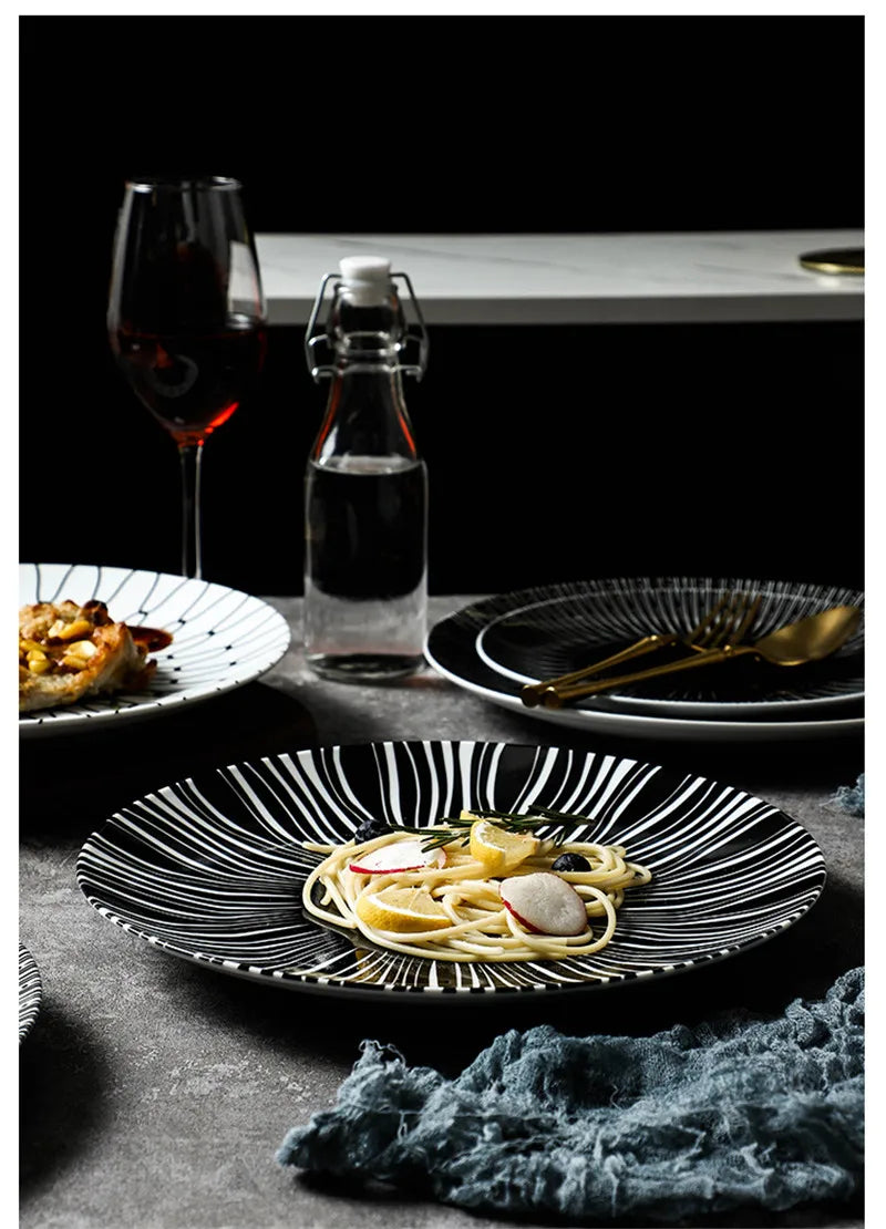 Black & White Stripe Ceramic Dinner Steak Plate