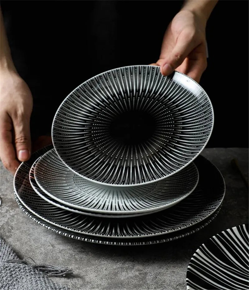 Black & White Stripe Ceramic Dinner Steak Plate