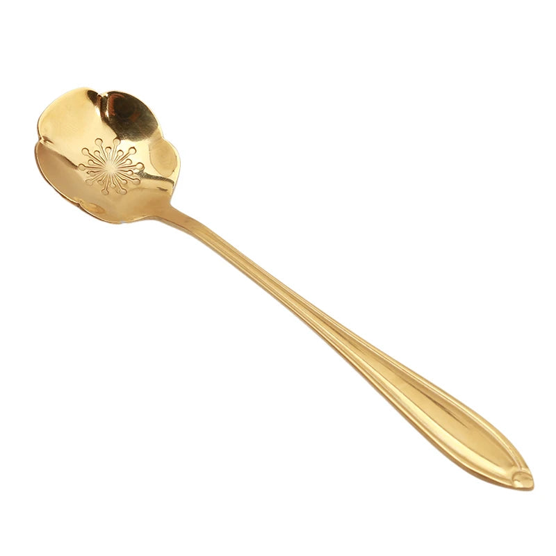 8pcs Stainless Steel Cherry Rose Flower Gold Scoop Coffee Spoon