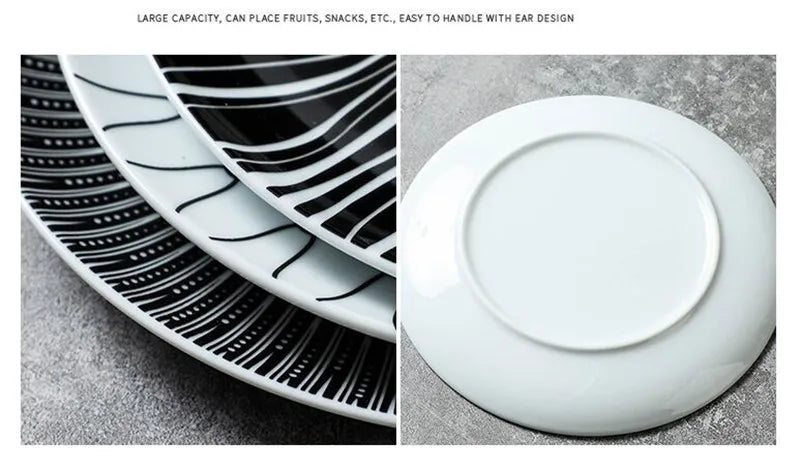 Black & White Stripe Ceramic Dinner Steak Plate