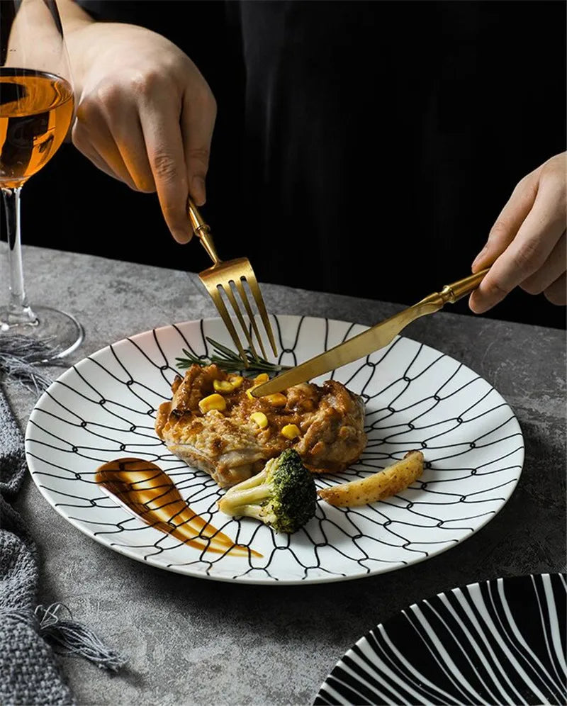 Black & White Stripe Ceramic Dinner Steak Plate