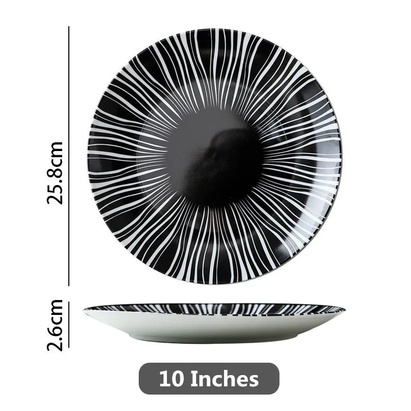 Black & White Stripe Ceramic Dinner Steak Plate