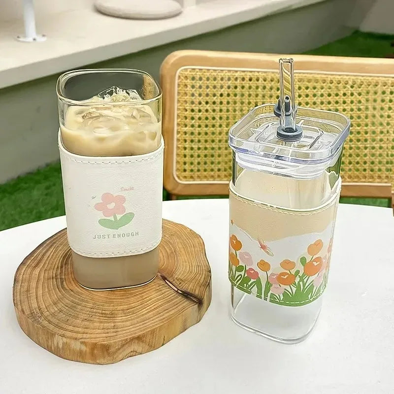 Heat Resistant Coffee Glass Cup With Lid and Straw