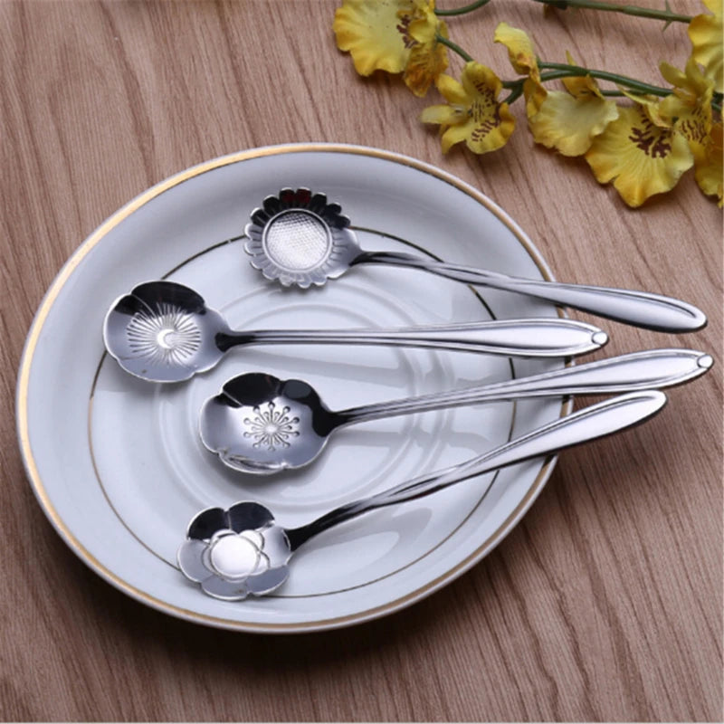 8pcs Stainless Steel Cherry Rose Flower Gold Scoop Coffee Spoon