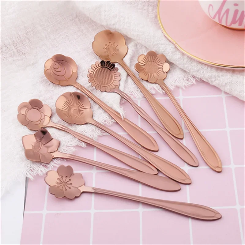 8pcs Stainless Steel Cherry Rose Flower Gold Scoop Coffee Spoon
