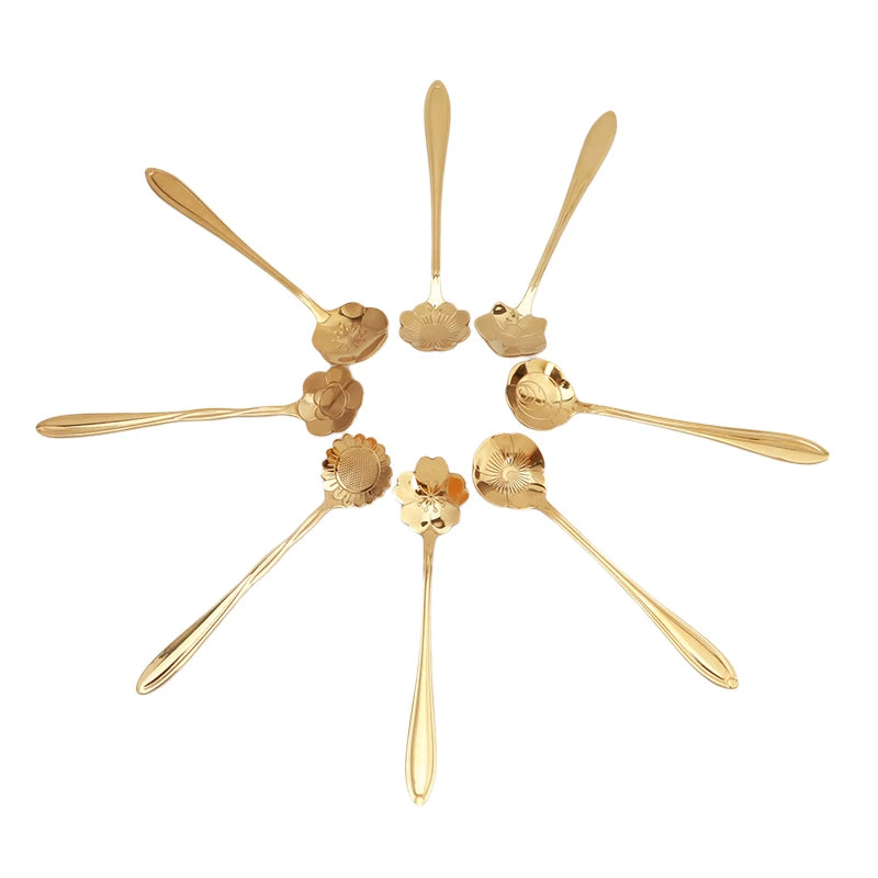 8pcs Stainless Steel Cherry Rose Flower Gold Scoop Coffee Spoon