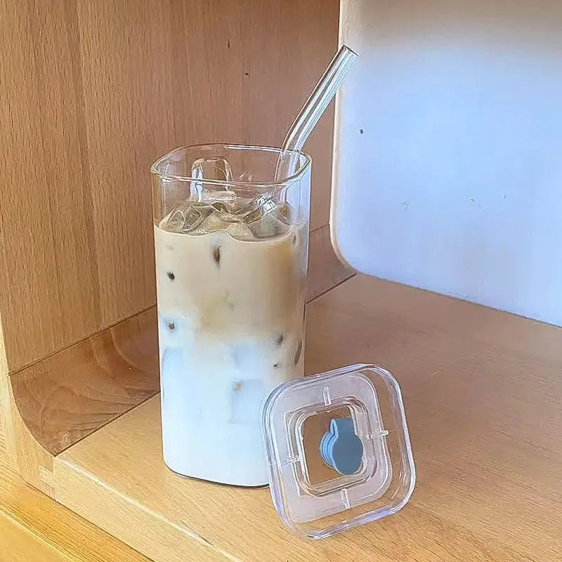 Heat Resistant Coffee Glass Cup With Lid and Straw
