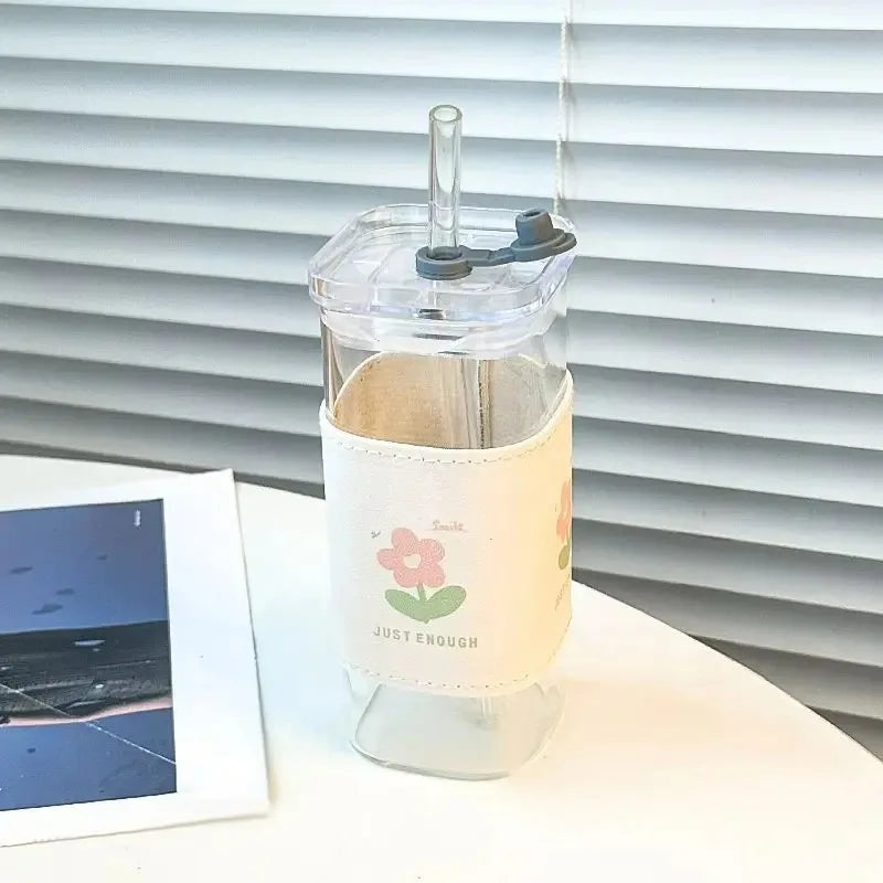 Heat Resistant Coffee Glass Cup With Lid and Straw