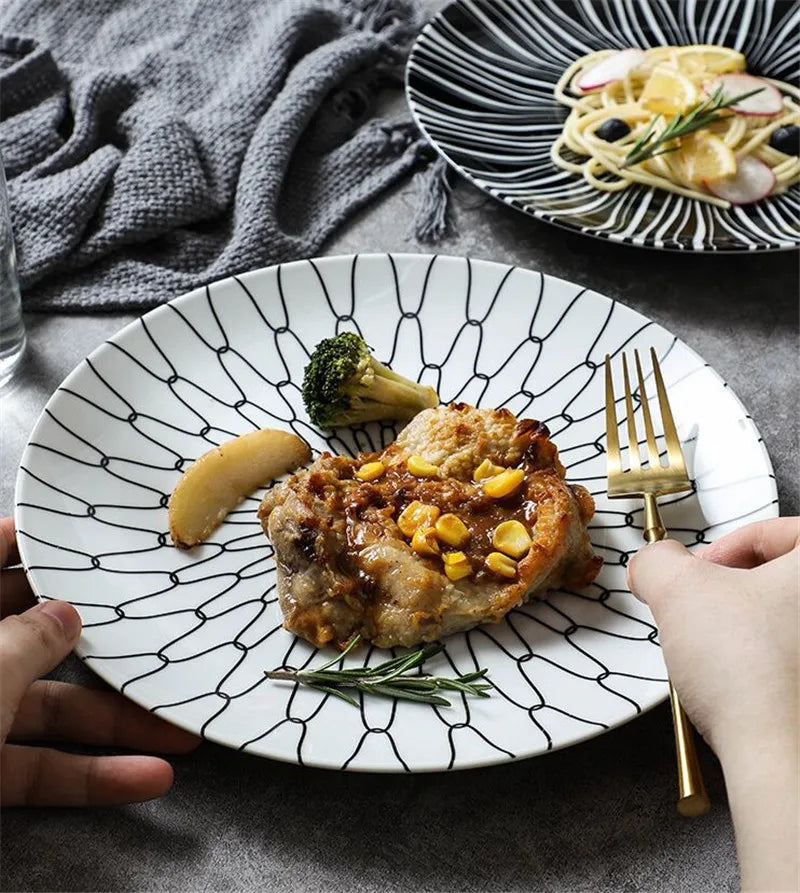 Black & White Stripe Ceramic Dinner Steak Plate