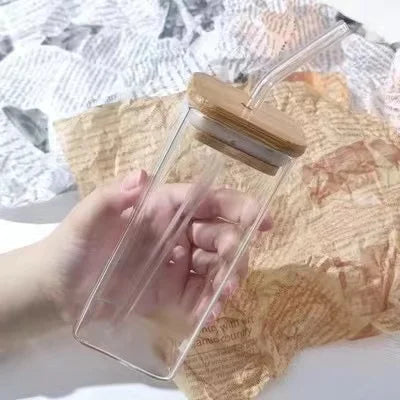 Heat Resistant Coffee Glass Cup With Lid and Straw