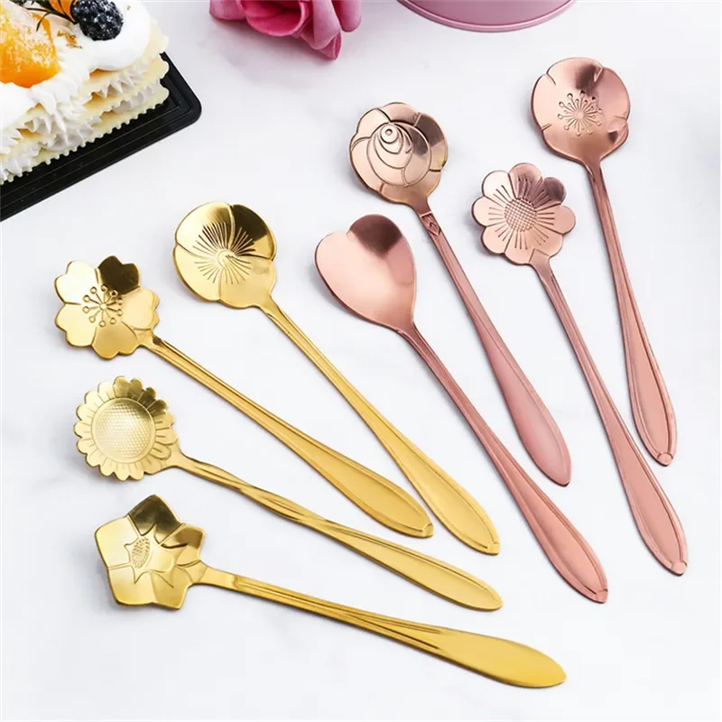 8pcs Stainless Steel Cherry Rose Flower Gold Scoop Coffee Spoon