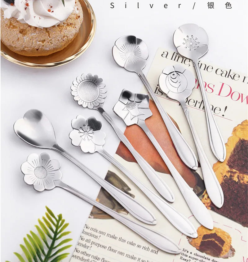 8pcs Stainless Steel Cherry Rose Flower Gold Scoop Coffee Spoon