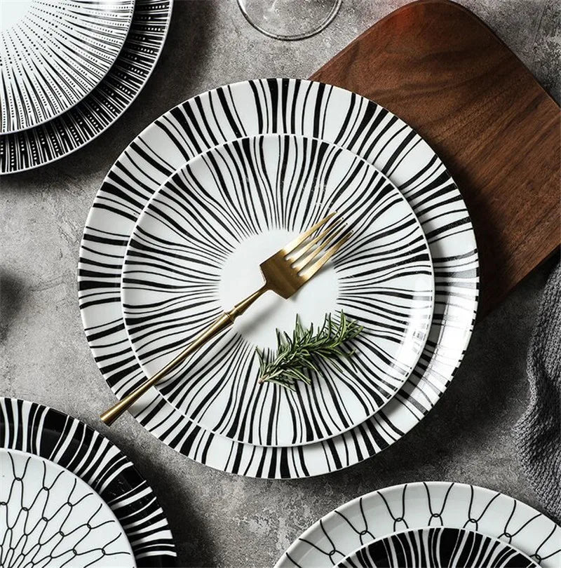 Black & White Stripe Ceramic Dinner Steak Plate