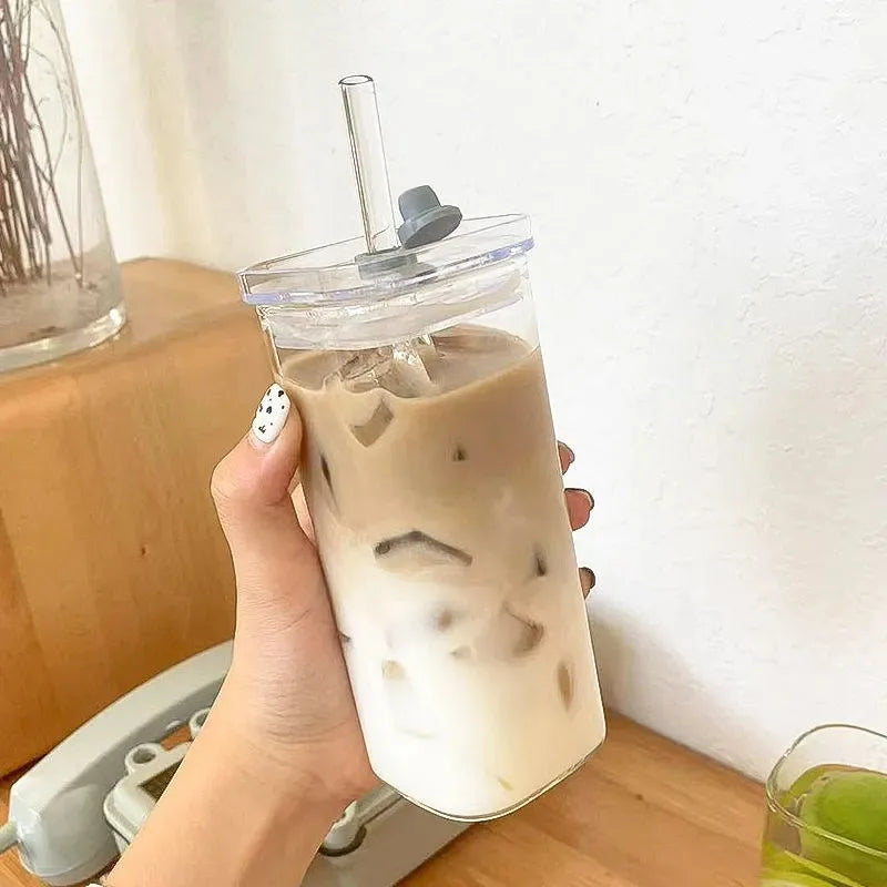 Heat Resistant Coffee Glass Cup With Lid and Straw