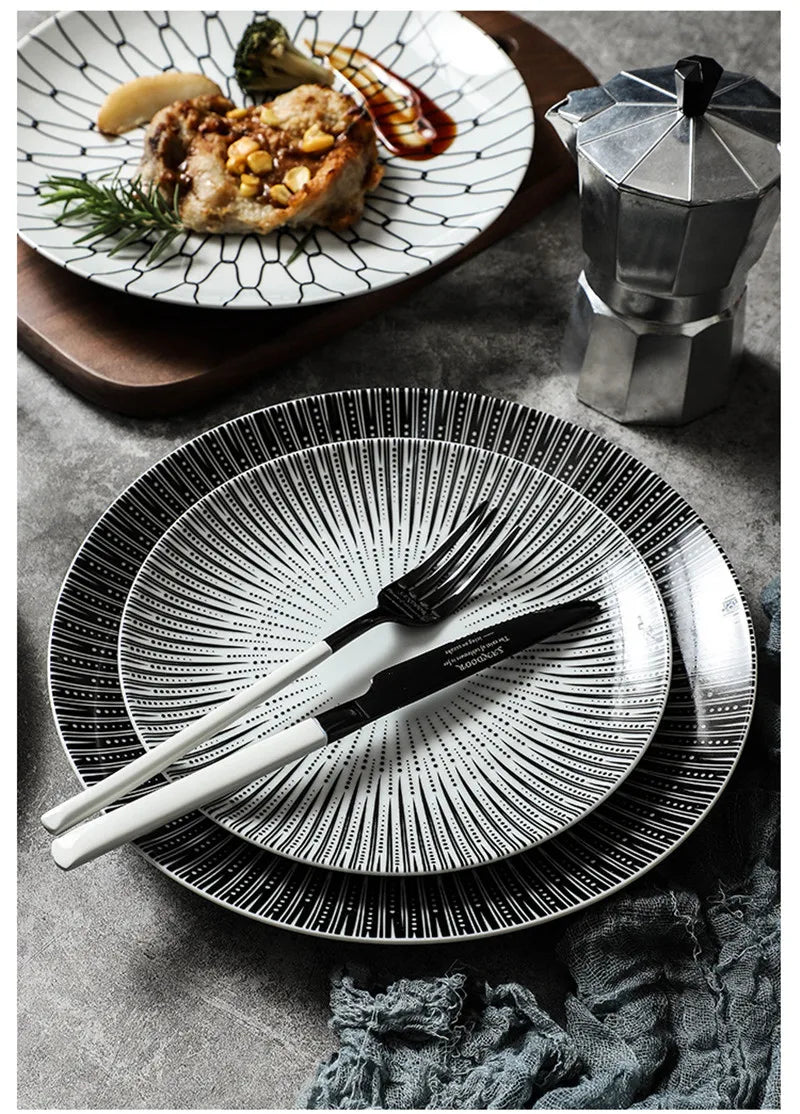 Black & White Stripe Ceramic Dinner Steak Plate