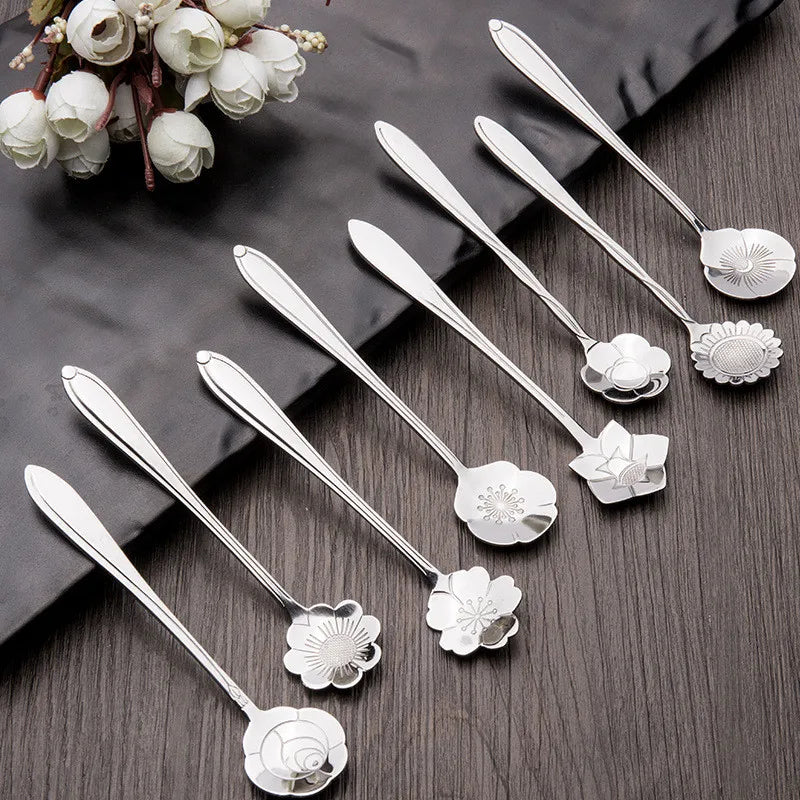 8pcs Stainless Steel Cherry Rose Flower Gold Scoop Coffee Spoon
