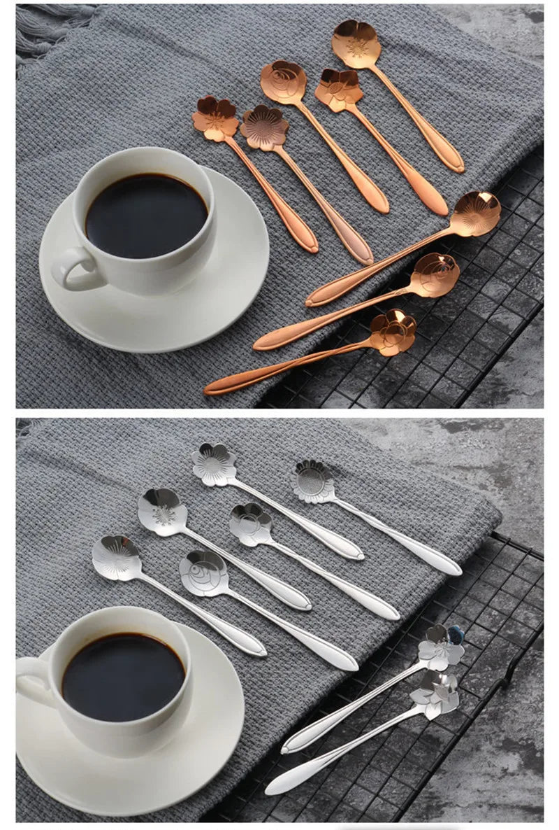8pcs Stainless Steel Cherry Rose Flower Gold Scoop Coffee Spoon