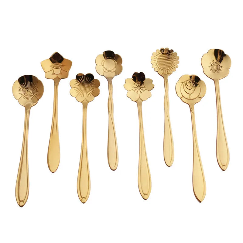 8pcs Stainless Steel Cherry Rose Flower Gold Scoop Coffee Spoon