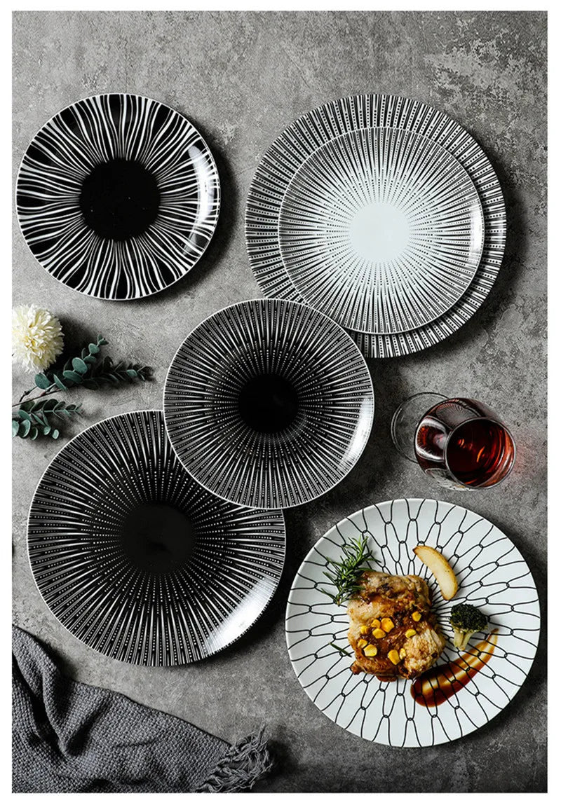 Black & White Stripe Ceramic Dinner Steak Plate