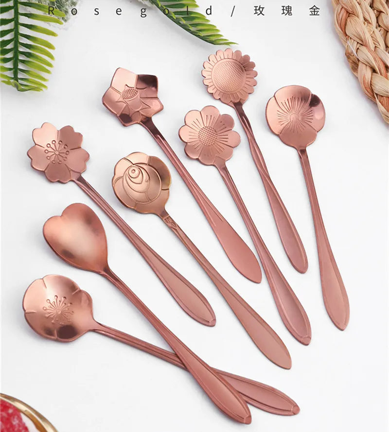 8pcs Stainless Steel Cherry Rose Flower Gold Scoop Coffee Spoon