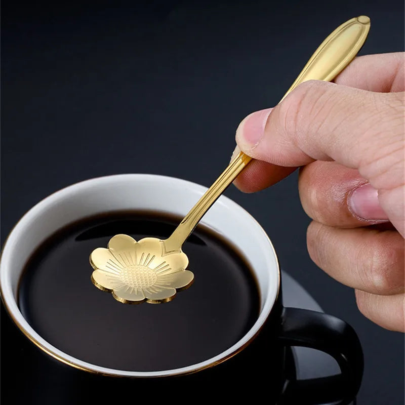 8pcs Stainless Steel Cherry Rose Flower Gold Scoop Coffee Spoon
