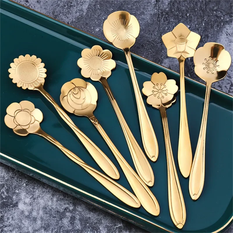 8pcs Stainless Steel Cherry Rose Flower Gold Scoop Coffee Spoon