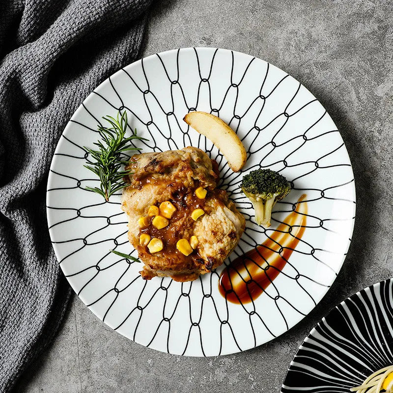 Black & White Stripe Ceramic Dinner Steak Plate