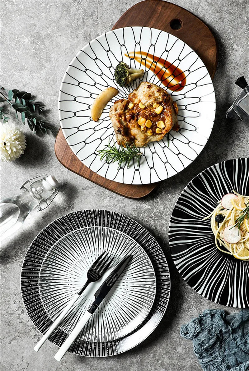 Black & White Stripe Ceramic Dinner Steak Plate
