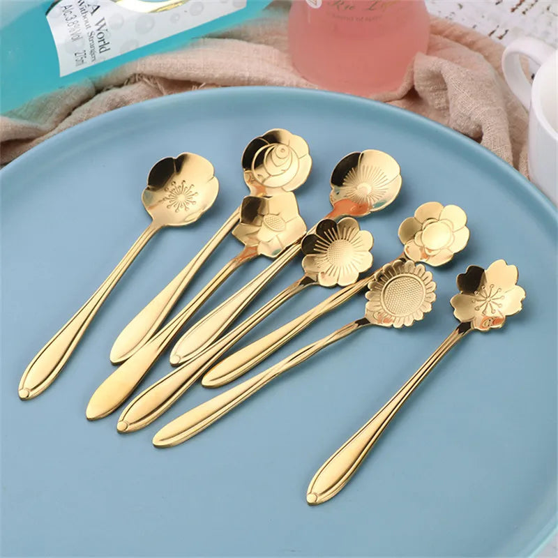 8pcs Stainless Steel Cherry Rose Flower Gold Scoop Coffee Spoon