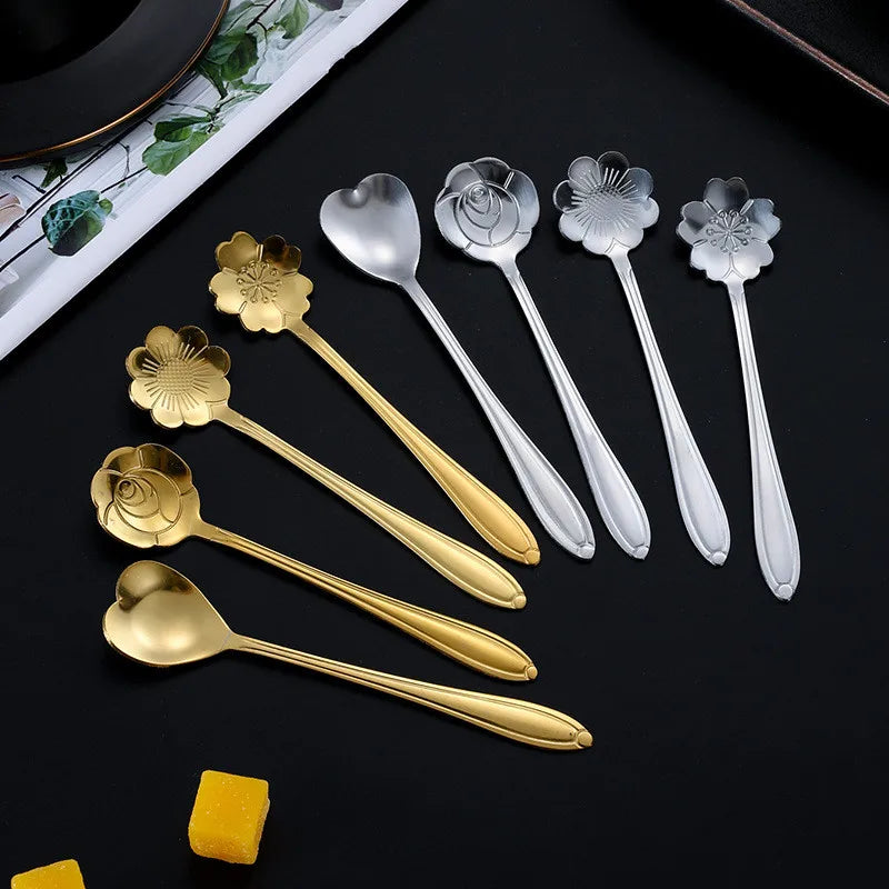 8pcs Stainless Steel Cherry Rose Flower Gold Scoop Coffee Spoon