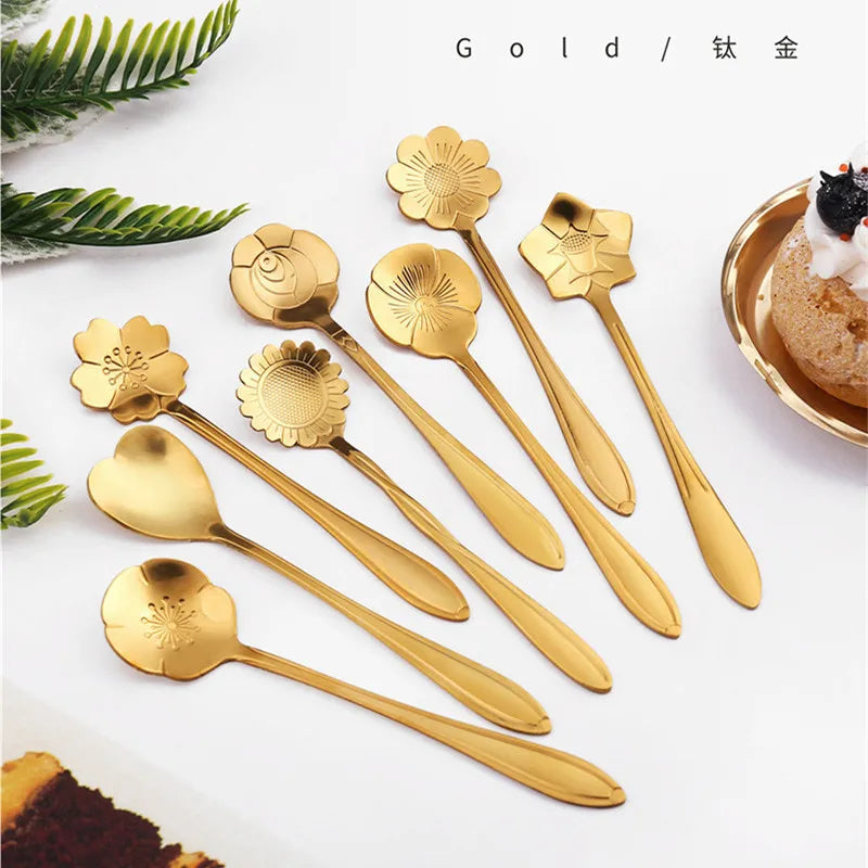 8pcs Stainless Steel Cherry Rose Flower Gold Scoop Coffee Spoon