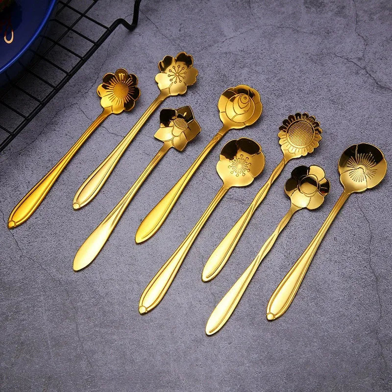 8pcs Stainless Steel Cherry Rose Flower Gold Scoop Coffee Spoon